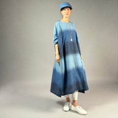 【遠州木綿】藍染め　ワイド・ノーカラーワンピース　藍染段ぼかし　画像