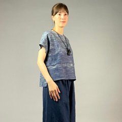 【遠州綿紬】フレンチTブラウス　みやま　紺×紺画像