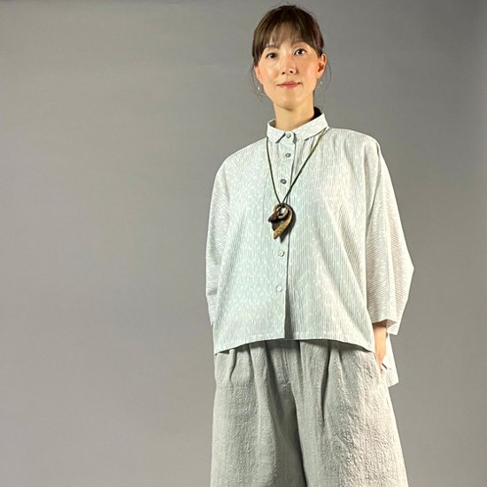 【備後絣】前開きムササビブラウス　白チリ絣　楊柳画像