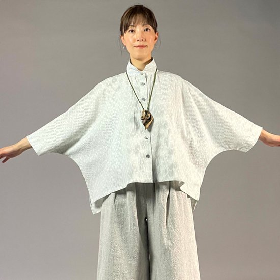 【備後絣】前開きムササビブラウス　白チリ絣　楊柳画像
