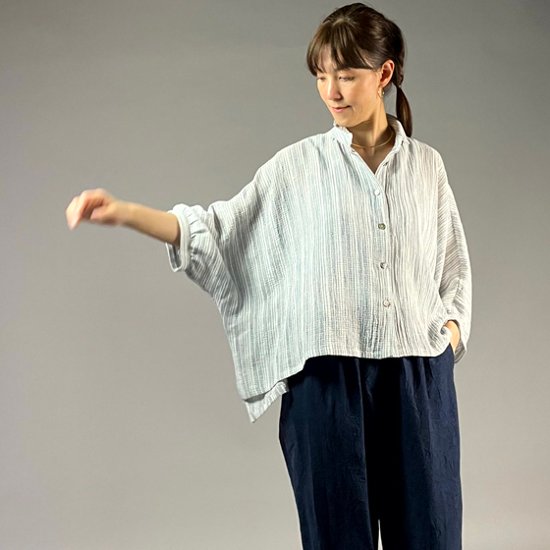 【備後絣】前開きムササビブラウス　文人絣　楊柳　白画像
