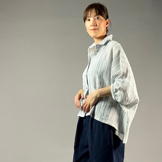 【備後絣】前開きムササビブラウス　文人絣　楊柳　白画像