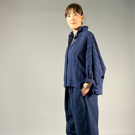 【備後絣】前開きムササビブラウス　文人絣　紺画像