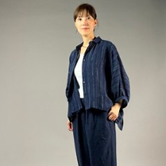 【備後絣】前開きムササビブラウス　文人絣　紺画像