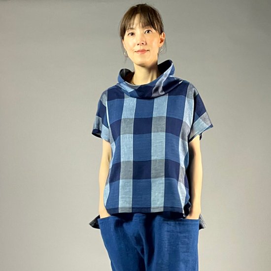 【遠州木綿】藍染め　フレンチオフタートルブラウス　格子画像