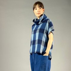 【遠州木綿】藍染め　フレンチオフタートルブラウス　格子画像