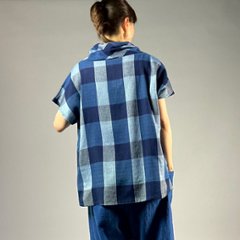 【遠州木綿】藍染め　フレンチオフタートルブラウス　格子画像
