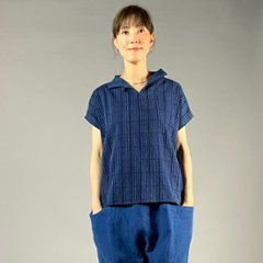 【遠州木綿】藍染め　スキッパーフレンチ袖　刺し子風の画像