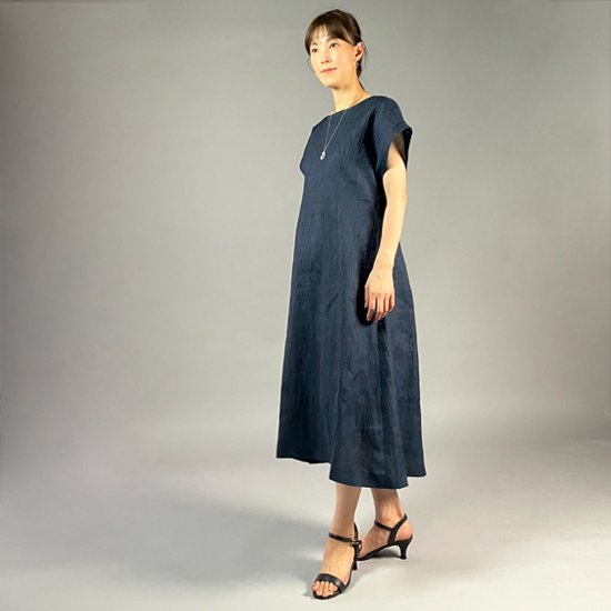 【近江ちぢみ】麻100％　フレンチ袖ワンピース　鉄紺画像