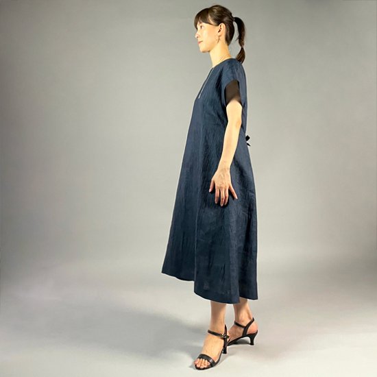 【近江ちぢみ】麻100％　フレンチ袖ワンピース　鉄紺画像