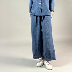 【遠州織物】麻100％　ワイドタックパンツ　後洗い　青画像