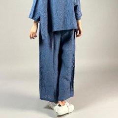 【遠州織物】麻100％　ワイドタックパンツ　後洗い　青画像