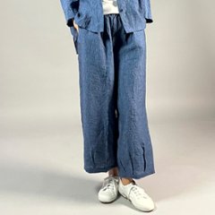 【遠州織物】麻100％　ワイドタックパンツ　後洗い　青画像