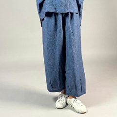 【遠州織物】麻100％　ワイドタックパンツ　後洗い　青画像
