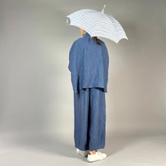 【遠州織物】麻100％　ワイドタックパンツ　後洗い　青画像