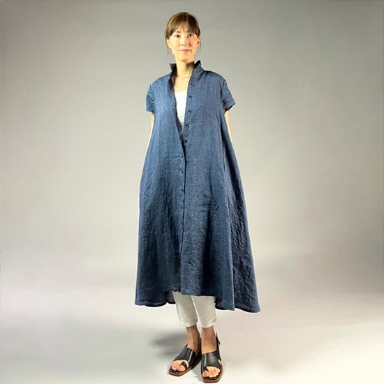 【遠州織物】麻100％　シャツ衿フレアワンピース　フレンチスリーブ画像