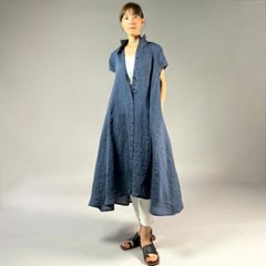 【遠州織物】麻100％　シャツ衿フレアワンピース　フレンチスリーブ画像