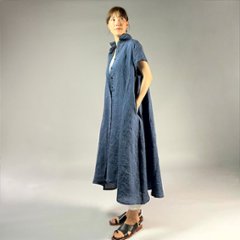 【遠州織物】麻100％　シャツ衿フレアワンピース　フレンチスリーブ画像