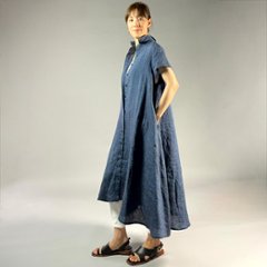 【遠州織物】麻100％　シャツ衿フレアワンピース　フレンチスリーブ画像