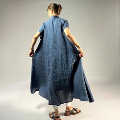 【遠州織物】麻100％　シャツ衿フレアワンピース　フレンチスリーブ画像