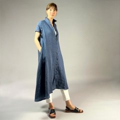 【遠州織物】麻100％　シャツ衿フレアワンピース　フレンチスリーブ画像