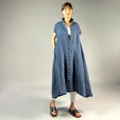 【遠州織物】麻100％　シャツ衿フレアワンピース　フレンチスリーブ画像