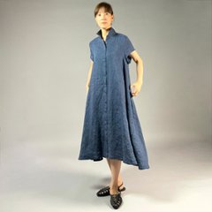 【遠州織物】麻100％　シャツ衿フレアワンピース　フレンチスリーブ画像