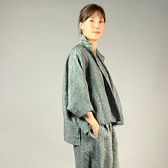 【遠州織物】麻100％　前開きムササビブラウス　緑縞画像