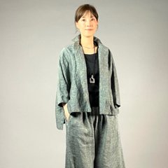 【遠州織物】麻100％　前開きムササビブラウス　緑縞画像