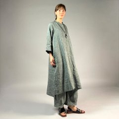 【遠州織物】麻100％　カフタンワンピース　緑縞の画像