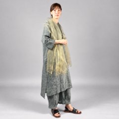 【遠州織物】麻100％　カフタンワンピース　緑縞画像