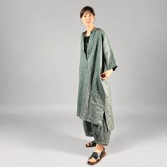 【遠州織物】麻100％　カフタンワンピース　緑縞画像