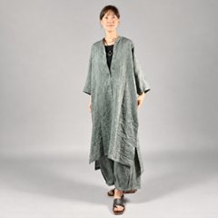 【遠州織物】麻100％　カフタンワンピース　緑縞画像