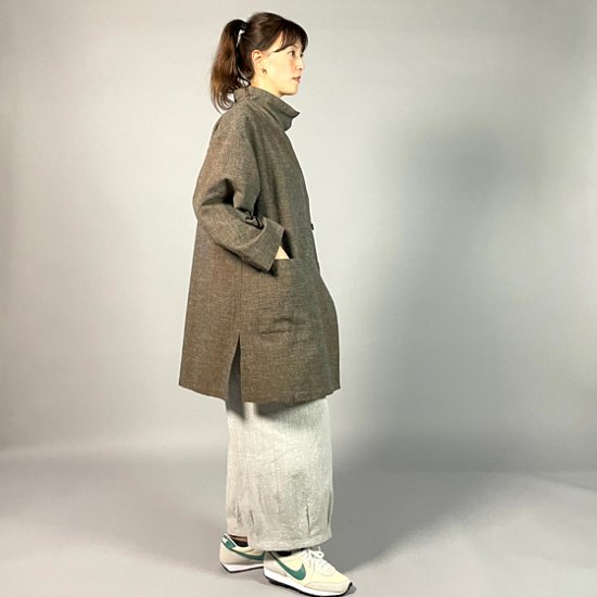 【遠州綿紬】フリースタイル　ロングジャケット　あらし　無地　茶画像