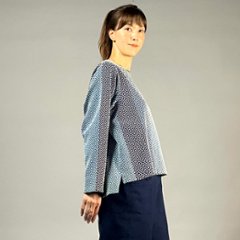 【遠州木綿】ノーカラープルオーバー　藍染 刺し子織：柿の花 / カツオ縞画像