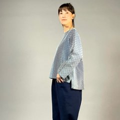 【遠州木綿】ノーカラープルオーバー　藍染 刺し子織：柿の花 / カツオ縞画像