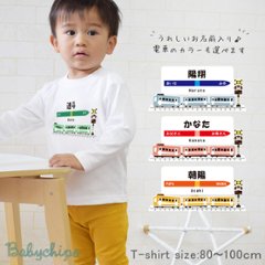 名入れ 長袖Tシャツ （3両 電車 ） 出産祝い かわいい 出産祝い １歳 プレゼント 誕生日 御祝い ギフト 帰省 鉄男 鉄道 鉄子 好き 電車 駅名 兄弟 姉妹 親子 おそろい リンク コーデの画像