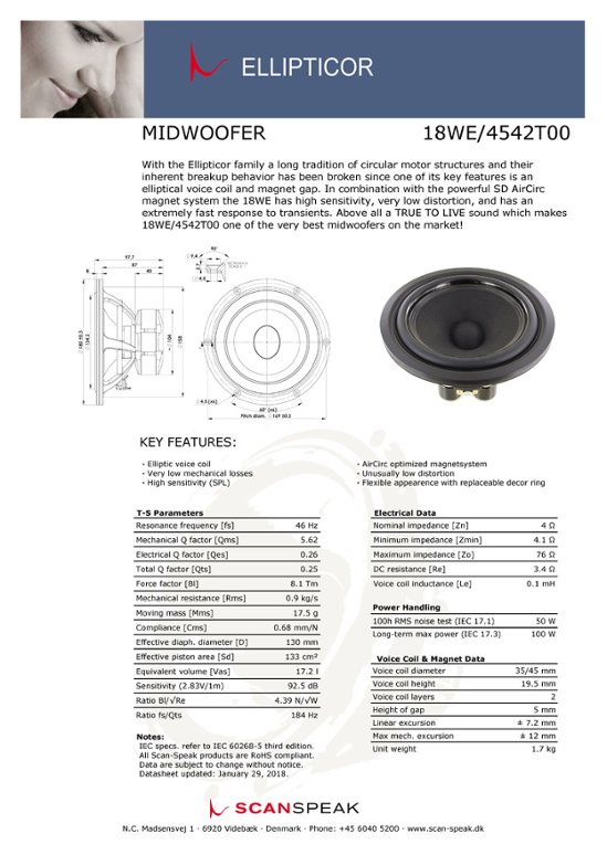 Scan-Speak Ellipticor 18WE/4542T00 18cm ペーパーコーン ミッドウーファー 4Ω（ペア）画像