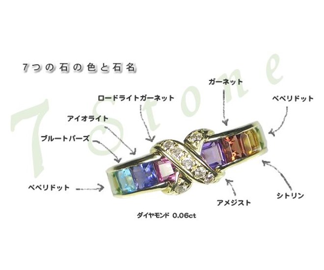 【セブンカラーアミュレット】0.06ｃｔ天然ダイヤモンド×天然石・K10orK18ゴールドorK10ホワイトゴールド・マルチリング・クロス 指輪マルチカラー　ゴールドリング画像