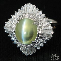 【価格交渉対象商品】クリソベリルキャッツアイ4.47ｃｔ・ダイヤモンド1.62ｃｔプラチナリング/Pｔ900指輪・鑑別書付の画像