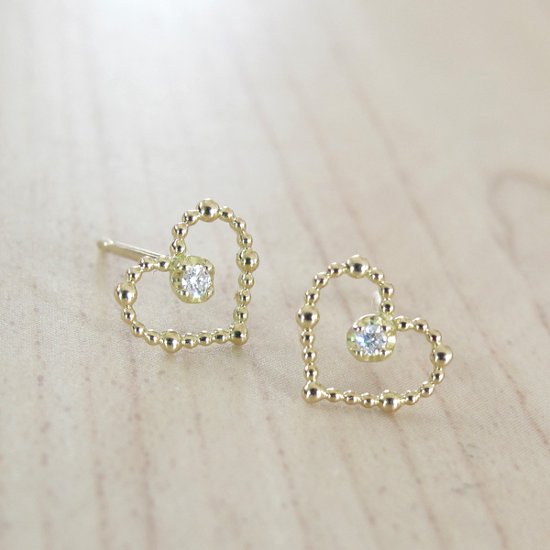 【一粒ダイヤモンド＆ハートモチーフ】天然ダイヤモンドピアス×18金ピンクゴールド（Ｋ18）☆幸せになれる誕生石☆4月ダイヤ画像