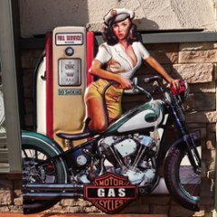 アンティークエンボスプレート ダイカット BIKE GAS GIRL  ブリキ看板　アメリカン雑貨の画像