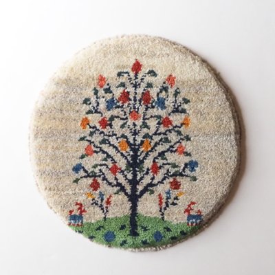 ギャッベ | 座布団サイズ(円形) 38×39cm 生命の樹 鹿 風景画 イラン #CC-153の画像