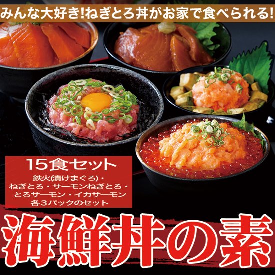 【送料無料(沖縄・離島への配送不可)】大人気の海鮮丼をどっさり★海鮮丼詰合せ計15食(マグロ漬け3p＋ネギトロ3P+サーモンネギトロ3p+トロサーモン3p+イカサーモン3P）【60ptプレゼント】画像