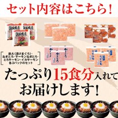 【送料無料(沖縄・離島への配送不可)】大人気の海鮮丼をどっさり★海鮮丼詰合せ計15食(マグロ漬け3p＋ネギトロ3P+サーモンネギトロ3p+トロサーモン3p+イカサーモン3P）【60ptプレゼント】画像