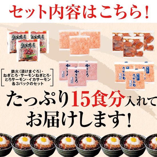 【送料無料(沖縄・離島への配送不可)】大人気の海鮮丼をどっさり★海鮮丼詰合せ計15食(マグロ漬け3p＋ネギトロ3P+サーモンネギトロ3p+トロサーモン3p+イカサーモン3P）【60ptプレゼント】画像