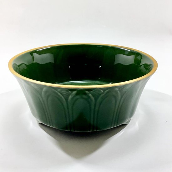 錦茶緑釉渕金 剣先彫り袋足向付　14㎝画像