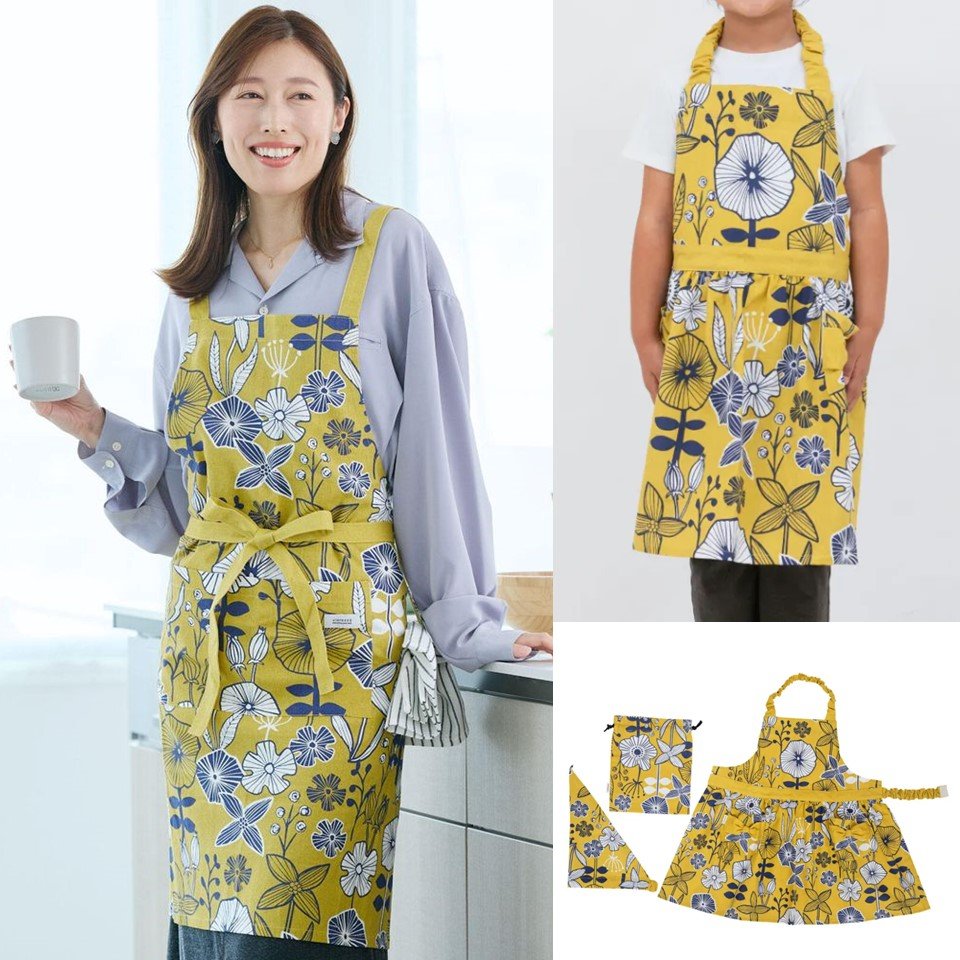 親子でお揃いペアエプロンセット】可愛い花柄イエロー｜創作品モール