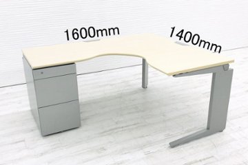 オカムラ L型デスク L字デスク 1600mm×1400ｍｍ Ｌ字机 片袖机 中古デスク 3段ワゴン付 片袖デスク オフィスデスク ワゴン付 左ワゴン画像