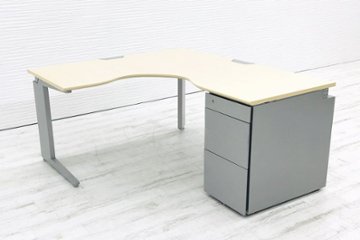 オカムラ L型デスク L字デスク 1400mm×1600ｍｍ Ｌ字机 片袖机 中古デスク 3段ワゴン付 片袖デスク オフィスデスク ワゴン付 右ワゴンの画像